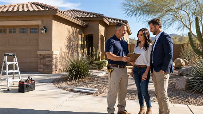 B&L BINSR & Home Services contractor reviewing BINSR repair items with homeowners outside a Tucson home.